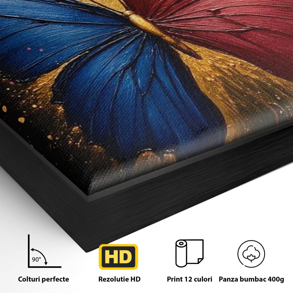 Detaliu al suprafetei: tablou canvas cu fluture colorat, in rama de aluminiu negru